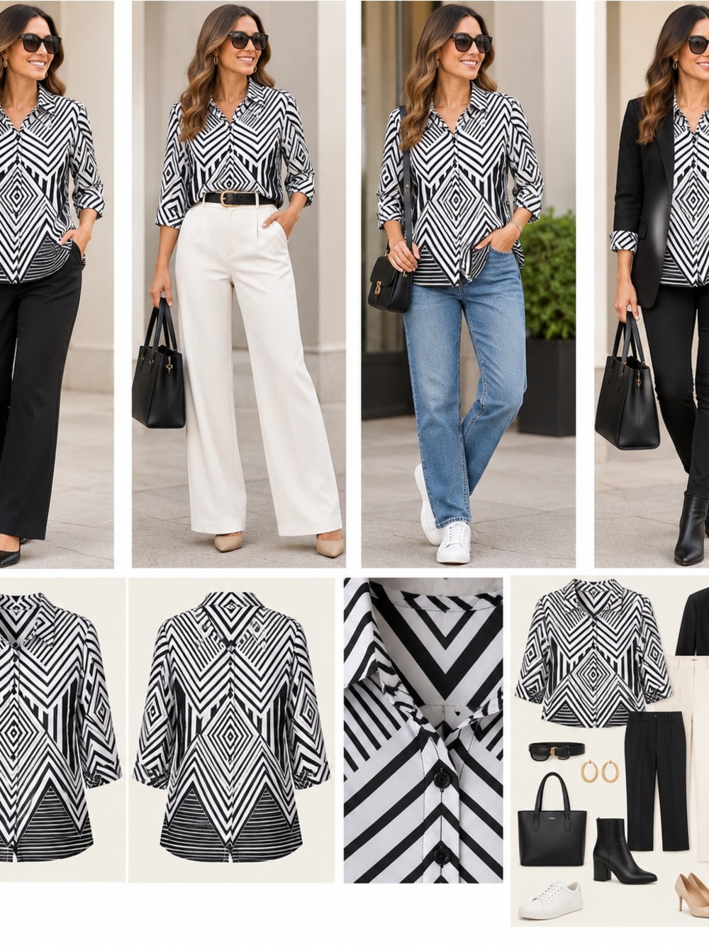 Black & White Geometric Button-Front Blouse No Tags